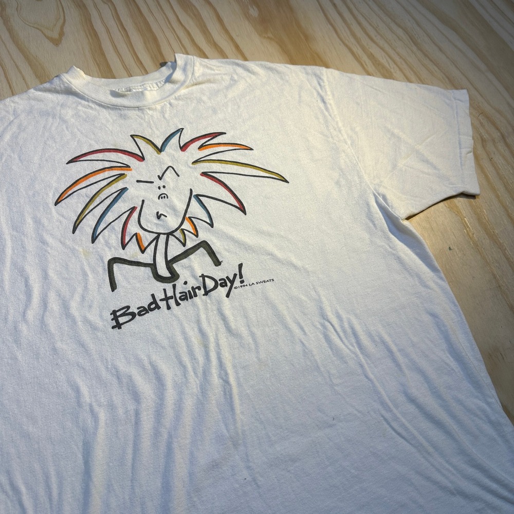 LA Sweats Unisex Bad Hair Day Graphic Tee White Vintage 1994 Hanes Size XL